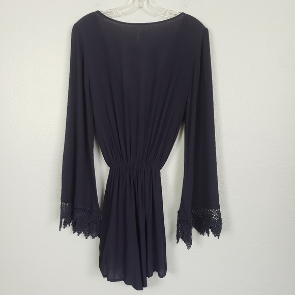 SAGE Faux Wrap Chrochet Long Sleeve Romper Navy Sz S Whimsigoth Stevie Nicks - Picture 8 of 10